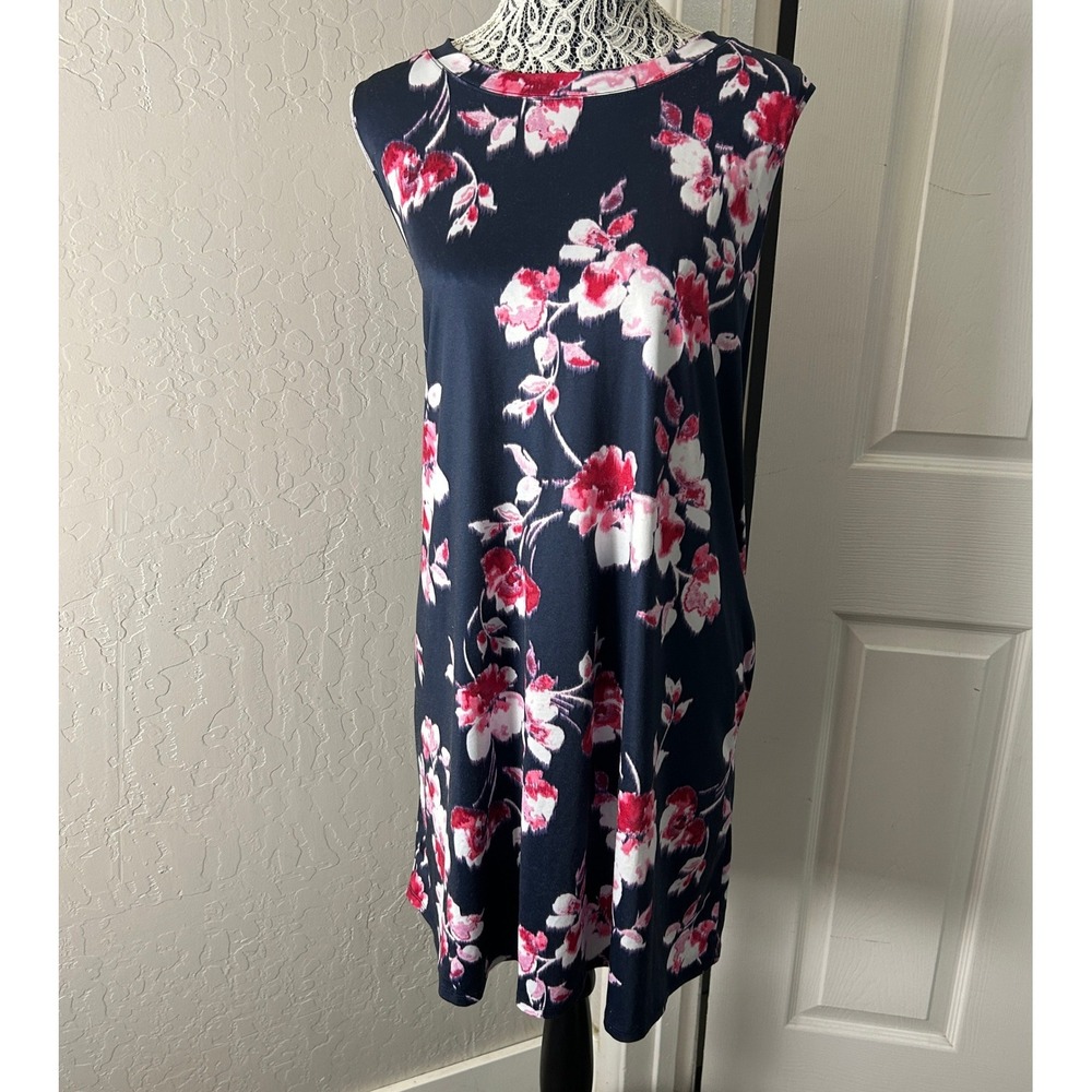 Apt 9 Swing Dress Womens XL Navy Floral Print Sleeveless Stretch Casual A Line